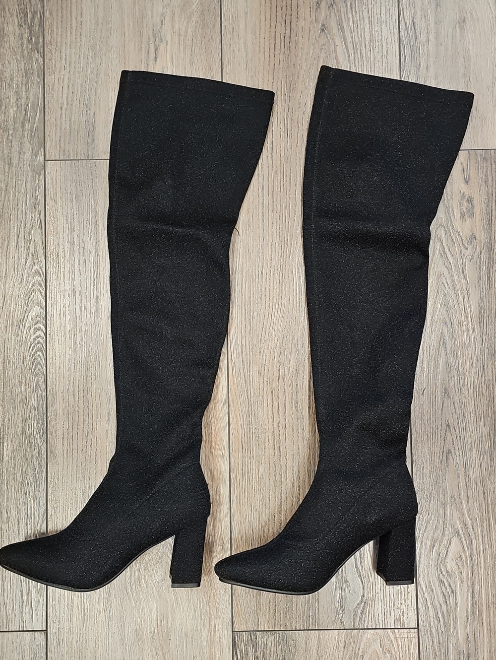Black Over-the-Knee Stretch Block Heel Boots - Women, Sparkle